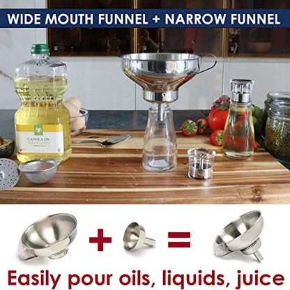 KEISSCO Stainless Steel 4-Piece Funnel and Strainer Set - Canning Funnel for Wide and Regular Mason Jars, Transferring Oils, Liquid, Fluid, Dry Ingredients & Powder, Wide & Narrow Mouth with Filter