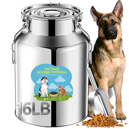 Newget 16lb Stainless Steel Dog Food Storage Container with Scoop | Airtight Seal, Hangable Lid for Easy Access, Scoop Included, for Cat Food, Bird Seed, Rice, Grain, Pantry Storage - size: 16 lb