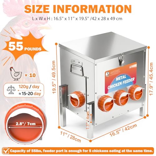 55LBS Automatic Chicken Feeder No Waste 5 Ports Metal Poultry Feeder with Adjustable Legs Perspective Window Latch & Handle for Chickens Bantams Pheasants - size: 5 Ports - 55 LBS with Legs
