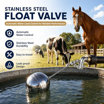 Stainless Steel Float Valve, 3/4" NPT Automatic Water Level Control Valve with 6" Float Ball, Adjustable Rod for Livestock Trough, Stock Tank, Water Tank, Pond, Farm Ranch Cattle Horse Goat