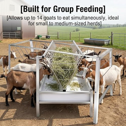 2-in-1 Goat Hay Feeder with Grain Water Pan, 90 Gallon Capacity, 59" Long Rust Resistant Galvanized Livestock Feeding Trough, Heavy Duty Steel for Goats, Sheep, Cow, Horse