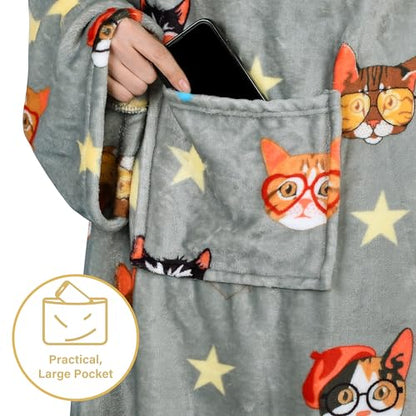 Catalonia Wearable Blanket with Sleeves for Women & Men, Fleece Wrap Throw - color: 80's Cat Dog Gray