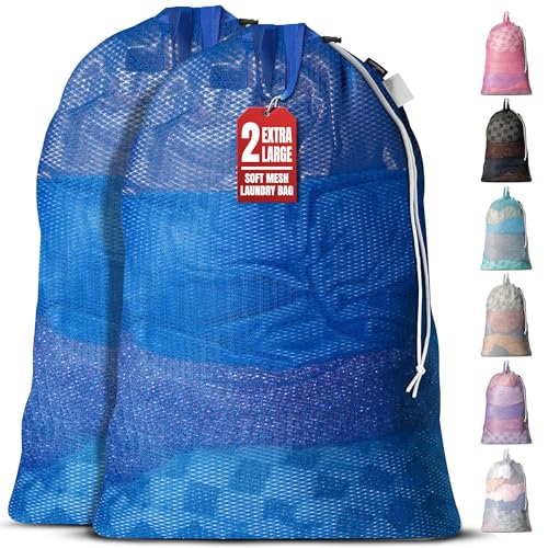 Handy Laundry Mesh XL Laundry Bag 24"x36" 2-Pack with Shoulder Strap, Blue | 2-Pack, XL 24x36 Mesh Laundry Bag, Handles & Shoulder Strap, Breathable, Machine Washable, Dorm Travel Bedding, Blue - color: Blue, size: 2-Pack