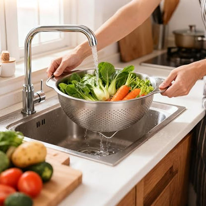 304 Stainless Steel Colander and Strainer, 5QT Large Capacity and 6QT Mixing Bowl, Micropore for Washing Rice, Fruit, and Cooked Pasta, Perfect Draining for Grain and Bean - size: 5QT+6QT