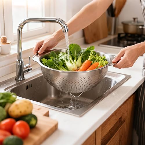 304 Stainless Steel Colander, 2.5 QT Capacity and 2.5 QT Mixing Bowl, Micropore Strainer for Washing Rice, Fruit, and Veggies, Perfect Draining for Cooked Pasta - size: 2.5QT+2.5QT