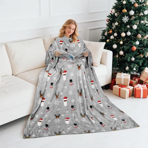 Catalonia Wearable Blanket with Sleeves for Women & Men, Fleece Wrap Throw - color: Santa and Deer Grey