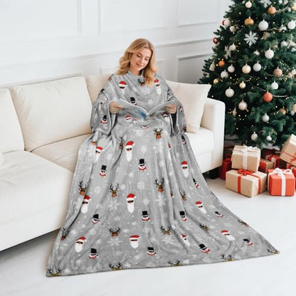 Catalonia Wearable Blanket with Sleeves for Women & Men, Fleece Wrap Throw - color: Santa and Deer Grey