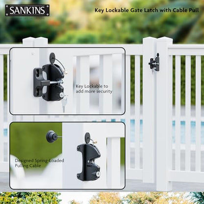 Self-Closing Gate Hinges and Key Lockable Gate Latch Kit, Fence Gate Hardware Kit for Wooden Fence, Pool Safety Fence Adjustable Hinges and Double-Sided Latches Hardware for Metal, Woode