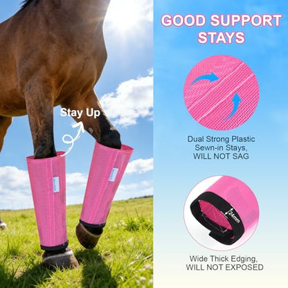 Fly Boots for Horses Set of 4, Loose Fitting Mesh Horse Fly Boots Leggings, Reduce-Stomping Adjustable Equine Leg Wraps & Socks, Stay Up Not Sag, No Rub (Pink) - color: Pink