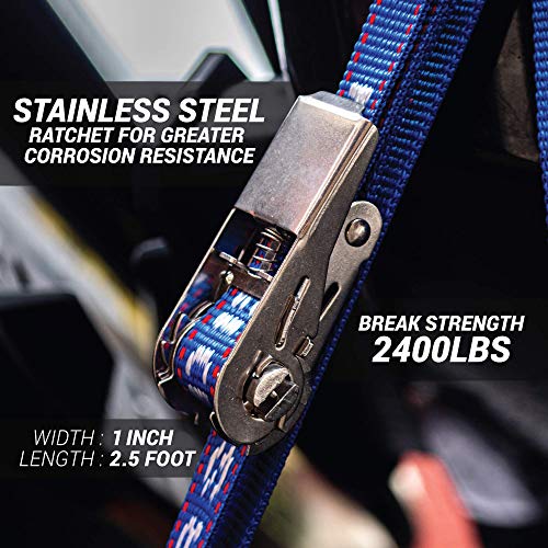 Stainless Boat Tie Down Straps to Trailer (Pack of 2) - 2,400lbs Break - 1" x 2.5’ Heavy Duty Ratchet Boat Straps UV Treated - Made in New Zealand - color: Blue, size: 2.5ft