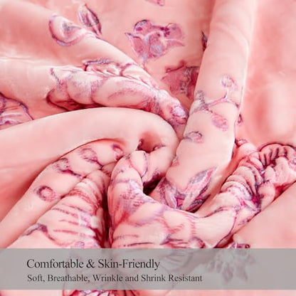 JML Raschel Fleece Heavy Blanket King, 87" x 94", Flowers Branches Pink | Korean Style, 2 Ply, A&B Printed, Embossed, Silky Soft, Cozy ,Thick, Warm for Winter - color: Flowers Branches Pink