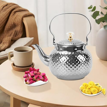 2L Hammered Tea Kettle Stovetop, Silver Tea Pot with Strainer for Stove - color: Silver-2L