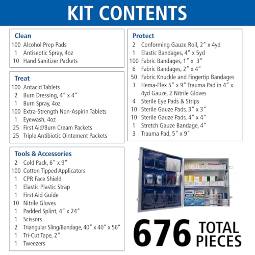 First Aid Only 90575 3-Shelf ANSI B+ and OSHA-Compliant First Aid Kit, 100-150-Person Emergency First Aid Kit for Business and Worksite, First Aid Metal Cabinet with Medications, 676 Pieces