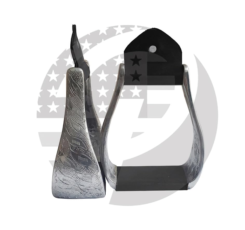 Aluminum Engraved 4.75" Adult Western Horse Bell Stirrups with Original Leather - color: BLACK LEATHER