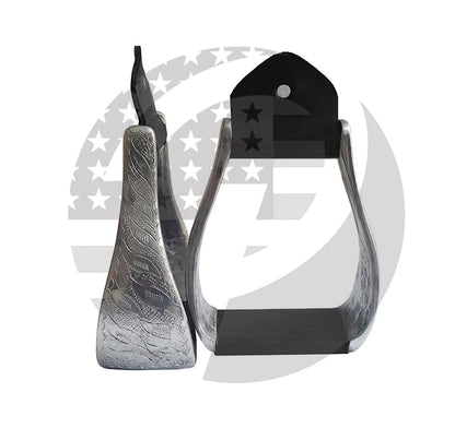 Aluminum Engraved 4.75" Adult Western Horse Bell Stirrups with Original Leather - color: BLACK LEATHER