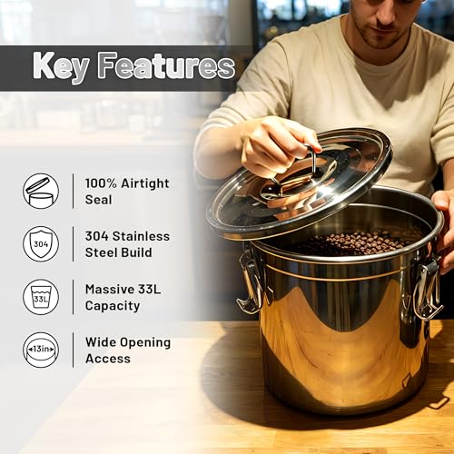 304 Stainless Steel Airtight Food Storage Container with Locking Lid & Clips 8.72gal/33L Large Kitchen Jar for Rice, Flour, Sugar, Grain, Coffee Beans - size: 33L