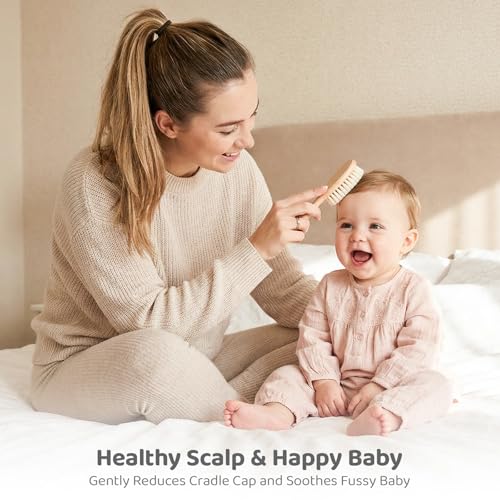5 Piece Baby Hair Brush Set, Wooden Baby Brush and Comb Set with Natural Soft Goat Hair Bristles, Cradle Cap Brush, Baby Essentials Grooming Kit for Boy Girl
