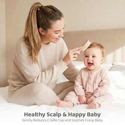 5 Piece Baby Hair Brush Set, Wooden Baby Brush and Comb Set with Natural Soft Goat Hair Bristles, Cradle Cap Brush, Baby Essentials Grooming Kit for Boy Girl