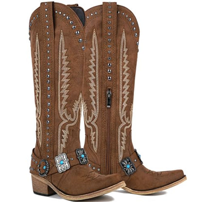 Yolkomo Cowboy Boots for Women Knee High Western Cowgirl Boots with Embroidery Belt Buckle Chains - color: Brown, size: 7