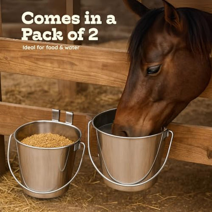 9 Quart Stainless Steel Flat Sided Bucket with Dual Hooks | 2 Pcs Food & Water Bowl for XL Dog Goat Cattle Horse & Livestock | Fits kennel Crate Cages Farm Hanging Pet Pail | Multipurpose - size: 9 Quart (Pack of 2)