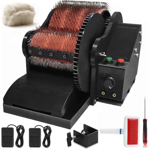 Electric Wool Carder, Adjustable Forward and Reverse Speed,Wool Fiber Drum Carding Machine with Brush & Awl, Foot Pedal, Quickly Remove Fiber Impurities, for Color Mixing Carding