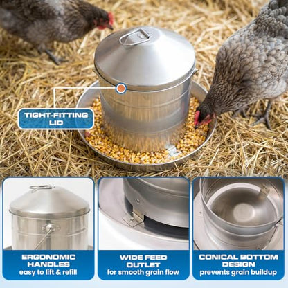 Plexon 17.6 Lb Hanging Chicken Feeder Metal Chicken Feeder with Handle no Waste Food - Stainless Steel - Turkey Duck Poultry Feeder - Heavy Duty Feeding Equipment - Grade Large - size: 17.6 LB