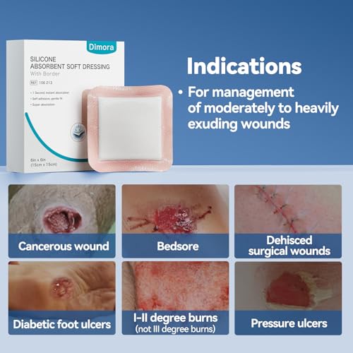 Dimora 20 Count Silicone Super Absorbent Wound Dressing 6" x 6" - Large Adhesive Bandage for Heavy Exudate, Border Wound Care Pads for Pressure Sore and Post-Surgical Incisions - size: 6"x 6" - 20 pcs