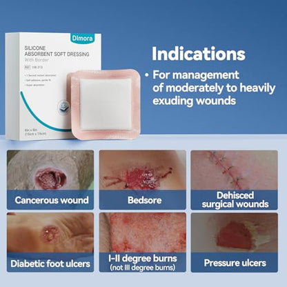 Dimora 20 Count Silicone Super Absorbent Wound Dressing 6" x 6" - Large Adhesive Bandage for Heavy Exudate, Border Wound Care Pads for Pressure Sore and Post-Surgical Incisions - size: 6"x 6" - 20 pcs