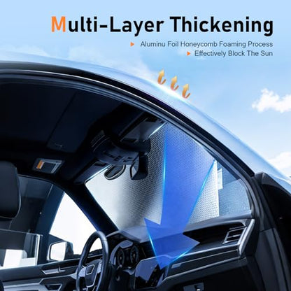 Universal Windshield Sun Shade, Reflective Sun & Heat Protection Shield Blackout Double-Sided Privacy Curtain with Top Opening, Adsorption-Type Cover for Car Truck SUV (Silver)