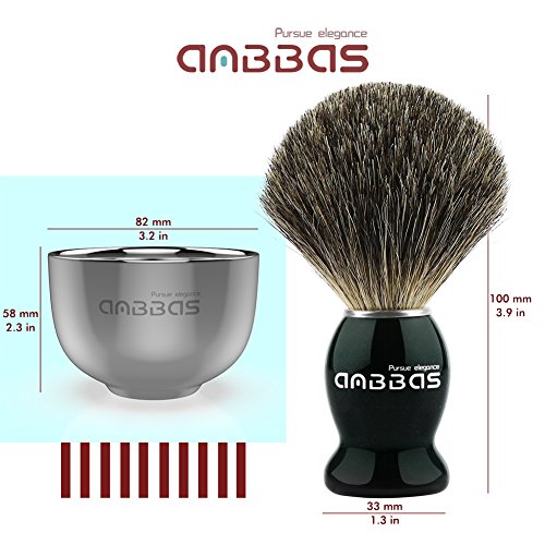Anbbas Pure Badger Bristles Shaving Brush Black Wood Handle and Refill Soap Bar 100g,Stainless Steel Shaving Stand and Soap Cup Kit Perfect for Men | and Soap Bowl Stand Good Water Absorption Skin Friendly Lather No Shedding Easy To Clean Morning Personal