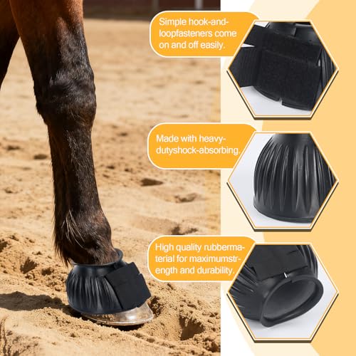 1 Pair Black Bell Boots for Horses, Double Lock Horse Care Boots, Protect Against Hoof Impact Trauma, Rubber Bell Boots Horse Care for Turnout, No Rub Design Comfort Quick Wrap Hook and Loop - size: Large