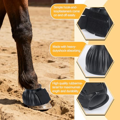 1 Pair Black Bell Boots for Horses, Double Lock Horse Care Boots, Protect Against Hoof Impact Trauma, Rubber Bell Boots Horse Care for Turnout, No Rub Design Comfort Quick Wrap Hook and Loop - size: Large