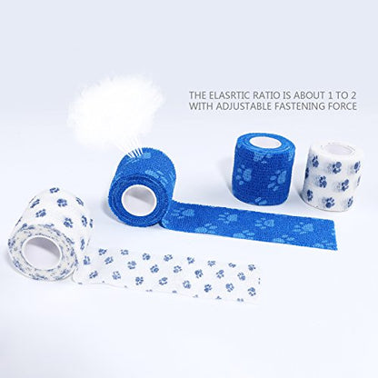 Pet Bandage Cohesive Bandage Self Adhering Wrap Tape, Multi-Function Elasticity Gauze Rolls Wrap First Aid Vet Tape for Dogs Cats Horses Birds Ankle Sprain (White and Blue)