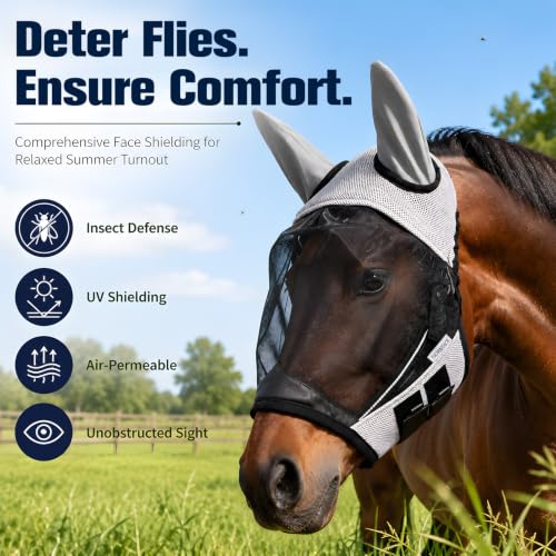 Breathable Horse Fly Mask with Ears and UV Protection (L) - size: L