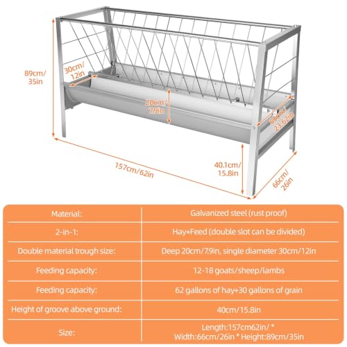 59" L Goat Feeder, Freestanding Outdoor Farm Livestock Feeder