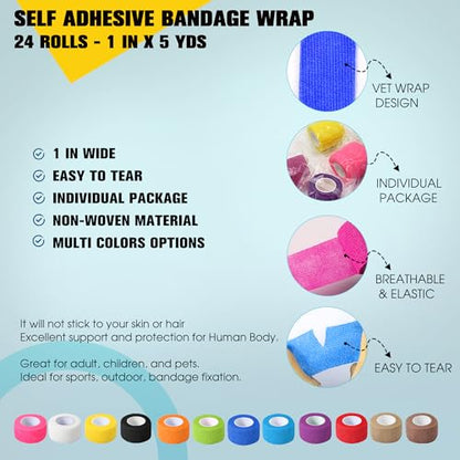 24 Pack Self Adhesive Bandage Wrap, 1 in x 5 Yards Vet Wrap Tape, Black - color: Black, size: 1 IN x 5 YDS - 24 Pack