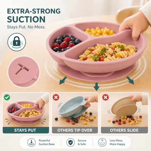 Silicone Baby Feeding Set, Suction Plates Bowls Bibs for Self Feeding –Pink | Baby Led Weaning Supplies, BPA-Free, Toddler Spoons Forks, Extra-Strong Suction, Empower Independence, Easy Clean - color: Pink