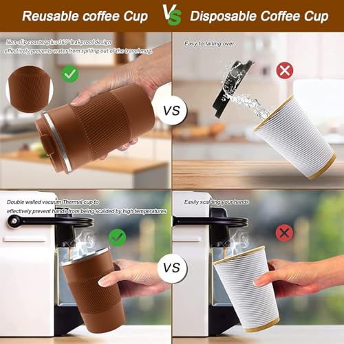 Insulated Travel Coffee Mug, Stainless Steel Coffee Cup with Leakproof Lid - color: Brown, size: 17 Ounces