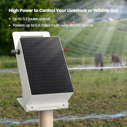 Solar Fence Charger, Briidea 5.6 Miles Solar Electric Fence Charger, 0.3 Joules, Easy to Carry & Install, Protect Your Livestock Garden Pasture from Wildlife, IP66 Waterproof, Save Your Money