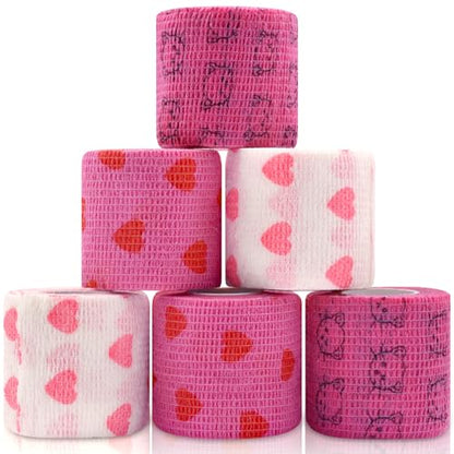 6 Roll 2 Inch x 5 Yards Heart and Cat Print Pet Vet Wrap for Dogs Cats, Cohesive Bandages in Bulk, Pink Non-Woven Self Adhesive Bandages Wrap Roll for Pet Animals Wound Care, Ankle Sprain and Swelling