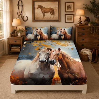White Brown Horses Bedding Full Size,1 Fitted Sheet+2 Pillowcases. - color: Yellow-black, size: Full