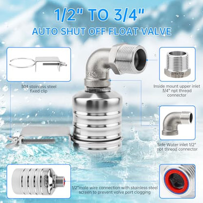 Float Valve Automatic Water Level Control Water Float Valve 1/2 to 3/4in | 304 Stainless Steel Water Float Valve for Water Tank, Livestock Trough - style: Style 5