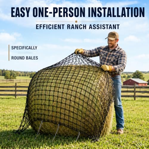 4 * 4ft Round Bale Hay Net 1.75" Knotless Slow Feed Hay Net, Heavy Duty Hay Saver Net Holds 800 lbs, UV Resistant Horse Hay Net for Round Bales, Horses, Cattle, Goats & Sheep - color: 4*4FT