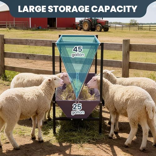 2 in 1 Hay Feeder 45 Gallon Hay Storage Plus 25 Gallon Grain Trough Heavy Duty Galvanized Steel Livestock Feeder Rust Prevention Anti Deformation for Goats Sheep Horses Cows Pigs