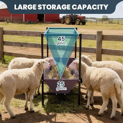2 in 1 Hay Feeder 45 Gallon Hay Storage Plus 25 Gallon Grain Trough Heavy Duty Galvanized Steel Livestock Feeder Rust Prevention Anti Deformation for Goats Sheep Horses Cows Pigs