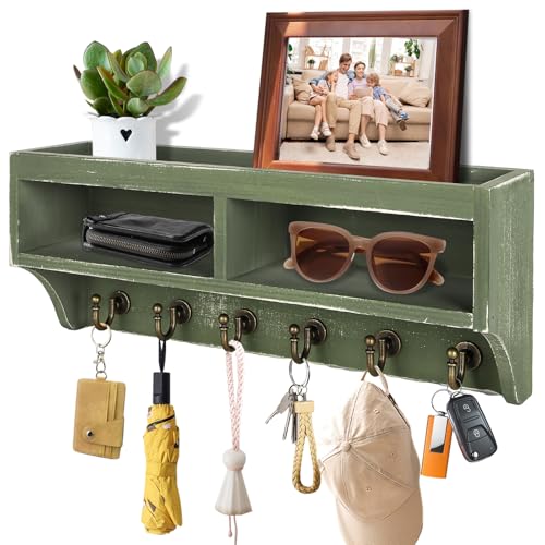 Key Holder Wall Mount with Mail Organizer, 6 Hooks & Shelf, Green | Wood Key Holder Wall Mount with 6 Key Hooks, Shelf & Storage Box and Mail Organizer for Entryway, Apartment, Home and Office - color: Green