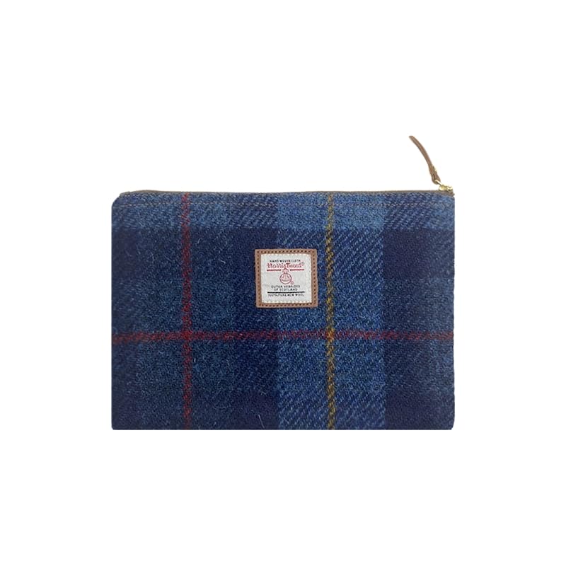 Harris Tweed Handmade Wool Zip Pouch with YKK Zipper Organizer Bag - color: Dark Blue, size: Large