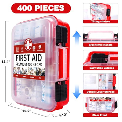 400 Pieces All-Purpose First Aid Kit, Organized Dual-Layer Wall
