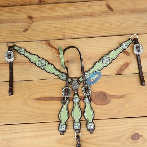 Western Leather Headstall & Breast Collar Set for Horses - Valentine’s Day Silver Metallic Cowhide with Rhinestones - color: Lime Green