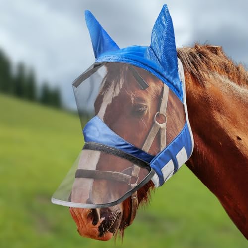 Horse Fly Mask,Horse Fly Mask with Nose,Masks for Horses with Ears,Ear Bonnet for Horses,Donkey Mask Fabric with Purple Line Protection Soft Mesh for Horse Summer (Blue, S)
